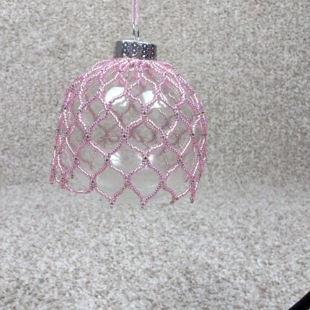 Clear Glass Christmas Ornament Pink Beaded Lace‎ Cover Ribbon Hanger